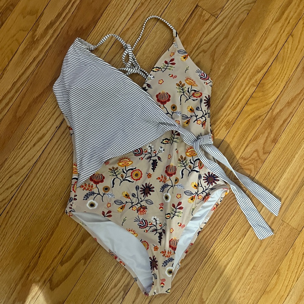 Floral and Striped One Piece Bathing Suit